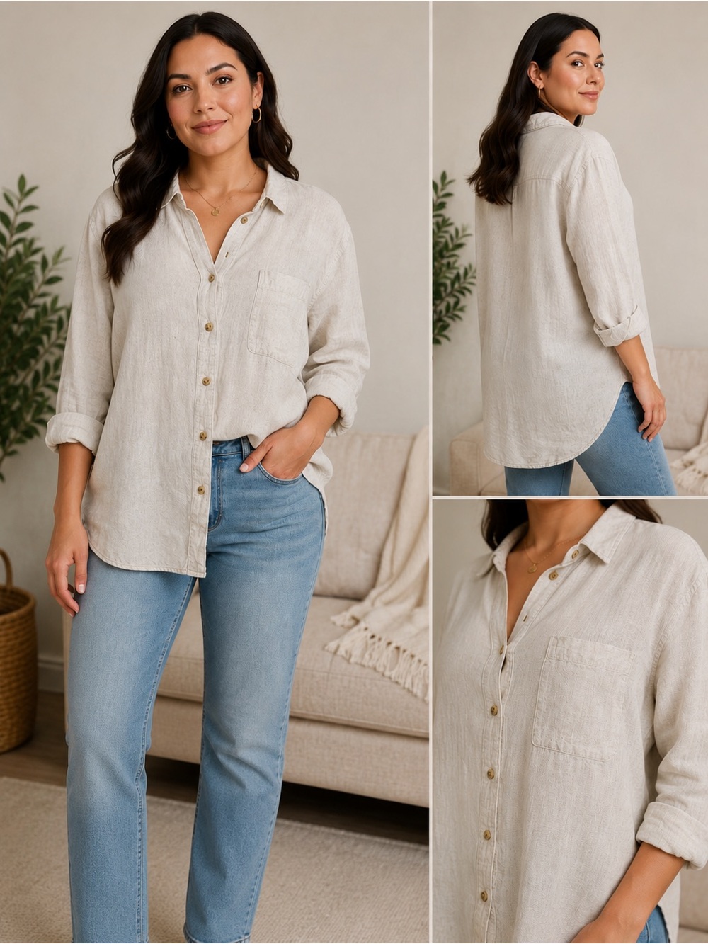 Old Navy Cream Boyfriend Button-Up Shirt size M linen